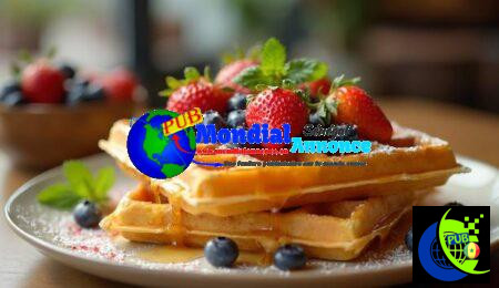 Golden waffles topped with fresh strawberries, blueberries, and mint leaves Gaufres Cétogènes Sans Gluten : L'Option Parfaite pour un Petit-Déjeuner Sain