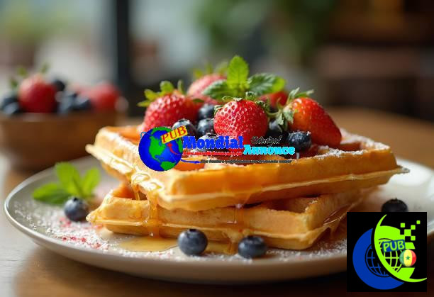 Golden waffles topped with fresh strawberries, blueberries, and mint leaves Gaufres Cétogènes Sans Gluten : L'Option Parfaite pour un Petit-Déjeuner Sain