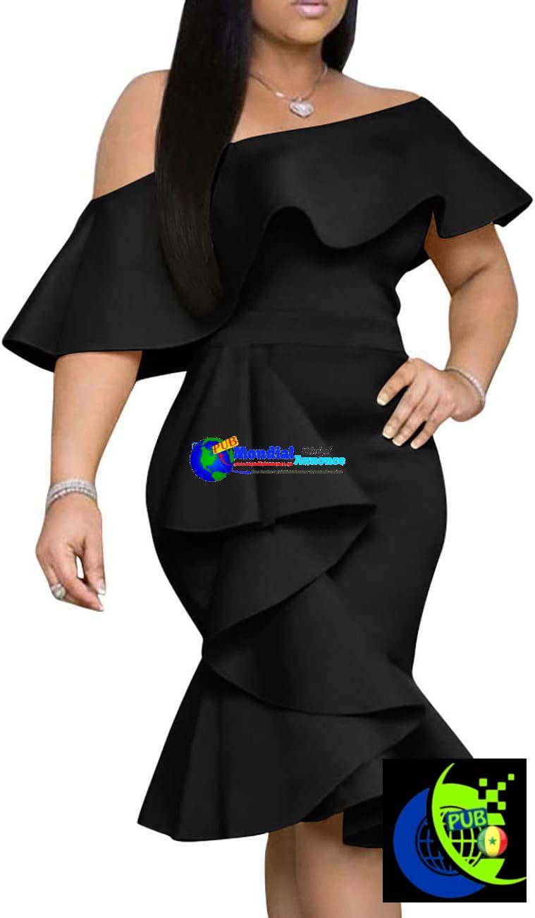 Robe de cocktail mi-longue moulante élégante à volants et à épaules dénudées