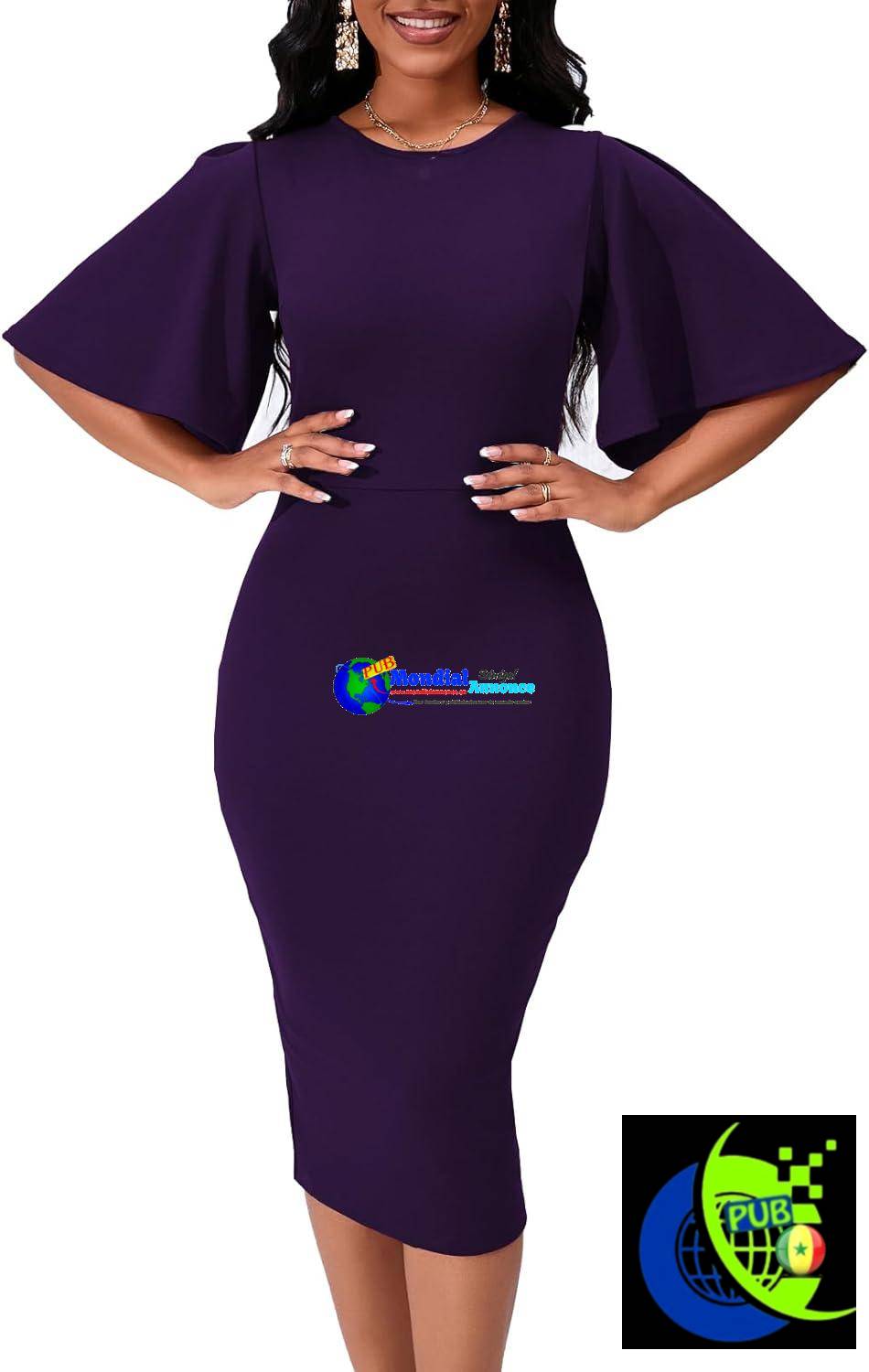 Robe crayon moulante à volants et manches courtes évasées pour femme, tenue de travail mi-longue décontractée pour le bureau