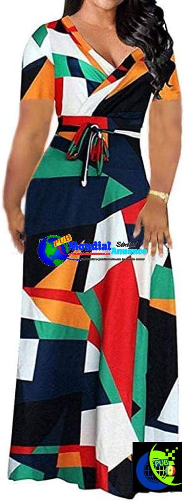 Locryz Robe longue ample avec ceinture pour femme – Col en V – Imprimé floral africain