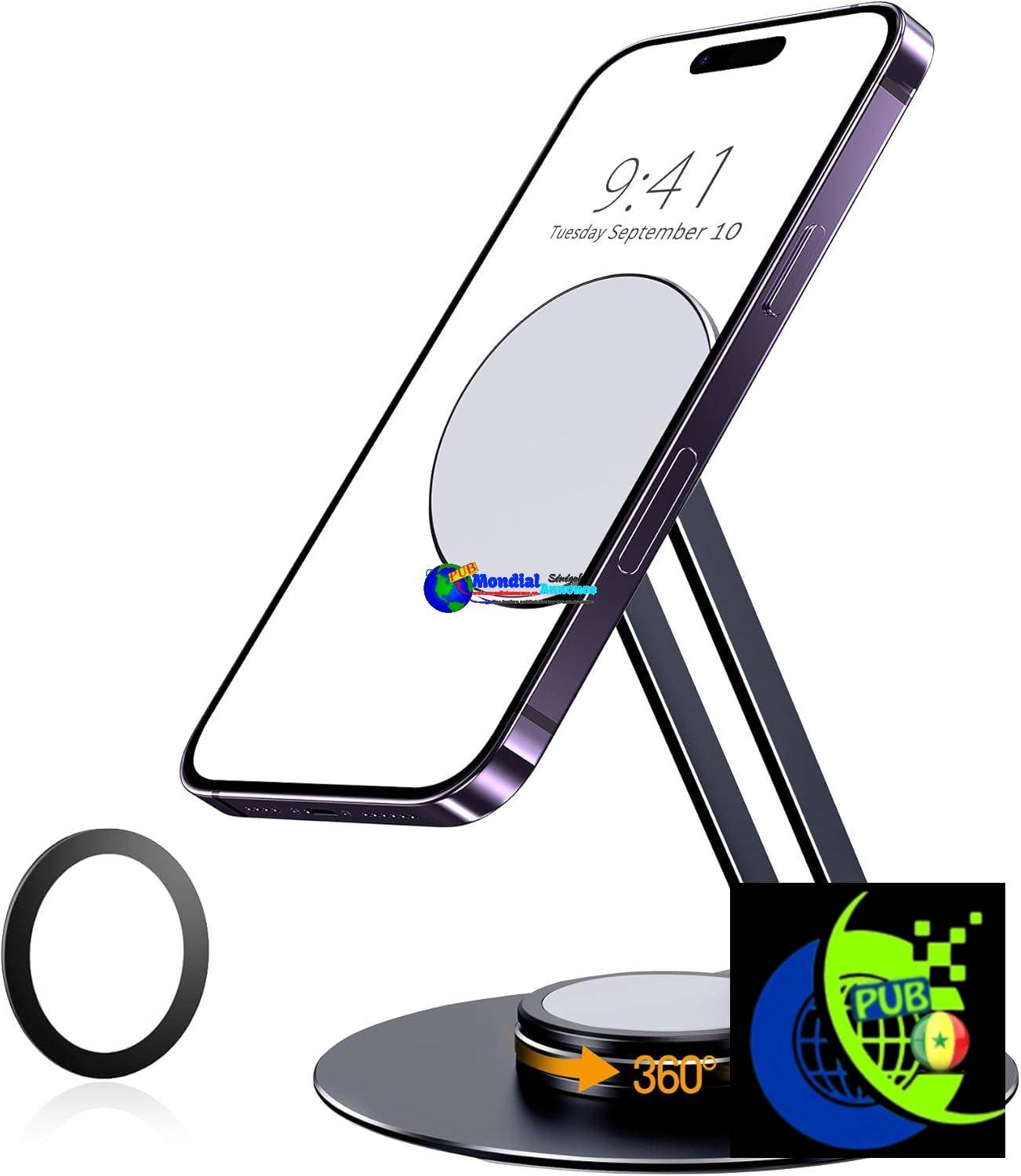 Lucrave Support de téléphone magnétique pour Bureau, Support de réglable en Aluminium avec Rotation à 360°, Support de Voyage Portable Compatible avec iPhone 16 15 14 13 Pro Max, Galaxy S24 Ultra S23