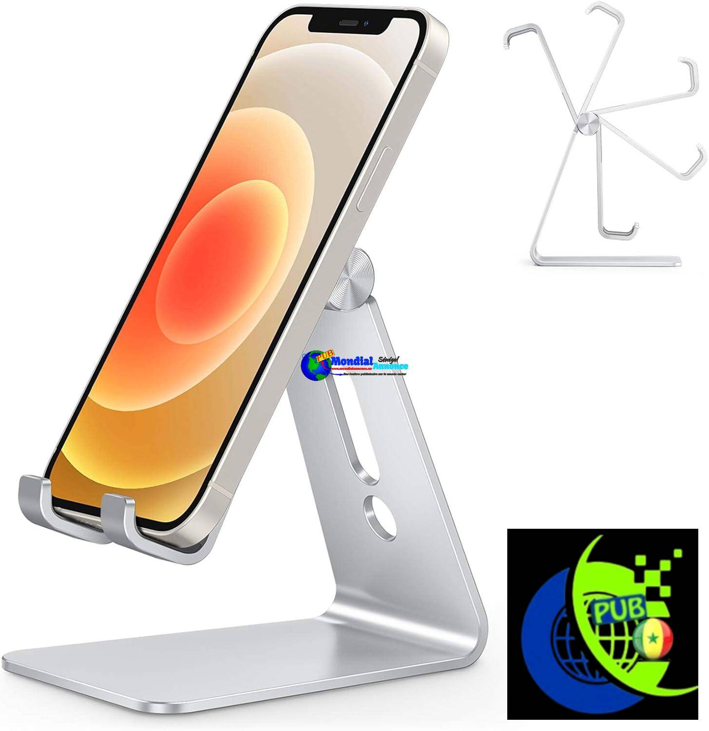 OMOTON Support Téléphone Portable, Support Téléphone Bureau Multi-Angles Réglable, en Aluminium Compatible avec iPhone 13 Pro/13/12 Pro Max/12/11 Pro/XR, Samsung S20/S10/S9, Argenté