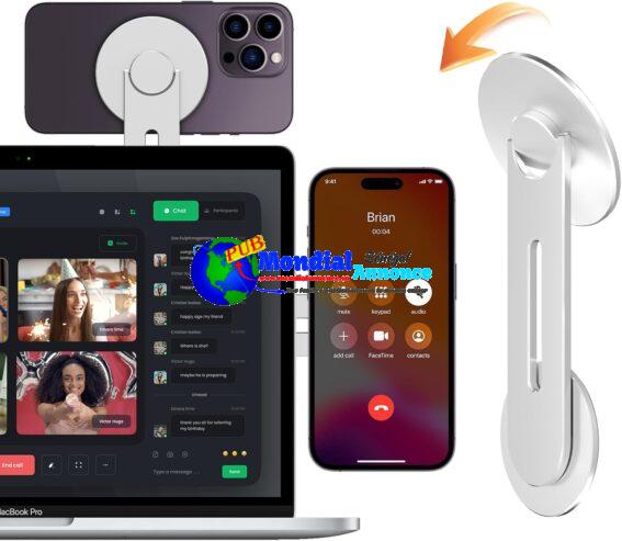 CloudValley Support Magnétique pour Ordinateur Portable Macbook | Continuité de l’appareil photo | MagSafe phone holder | pour iPhone 12, 13, 14, Argent