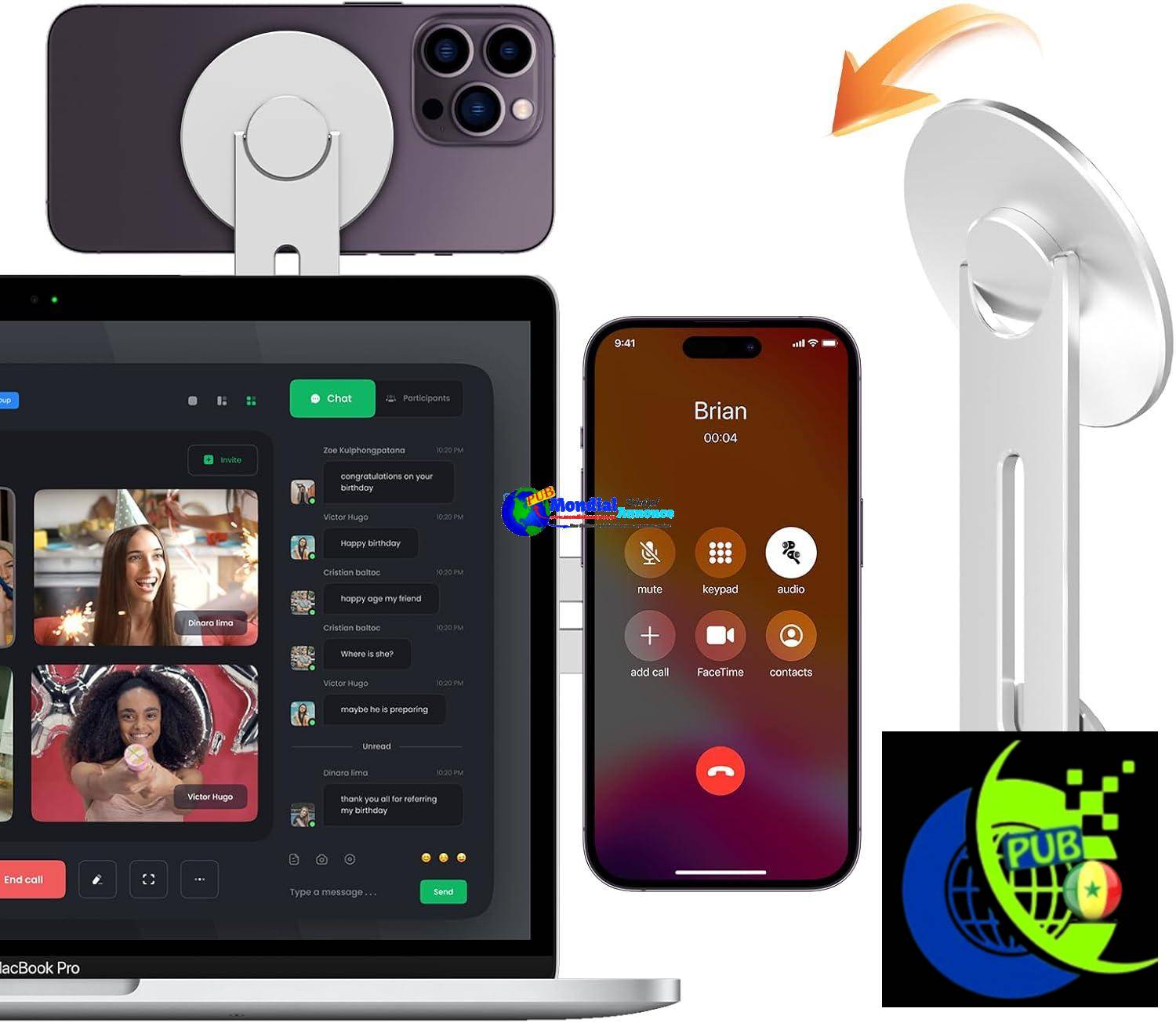 CloudValley Support Magnétique pour Ordinateur Portable Macbook | Continuité de l’appareil photo | MagSafe phone holder | pour iPhone 12, 13, 14, Argent