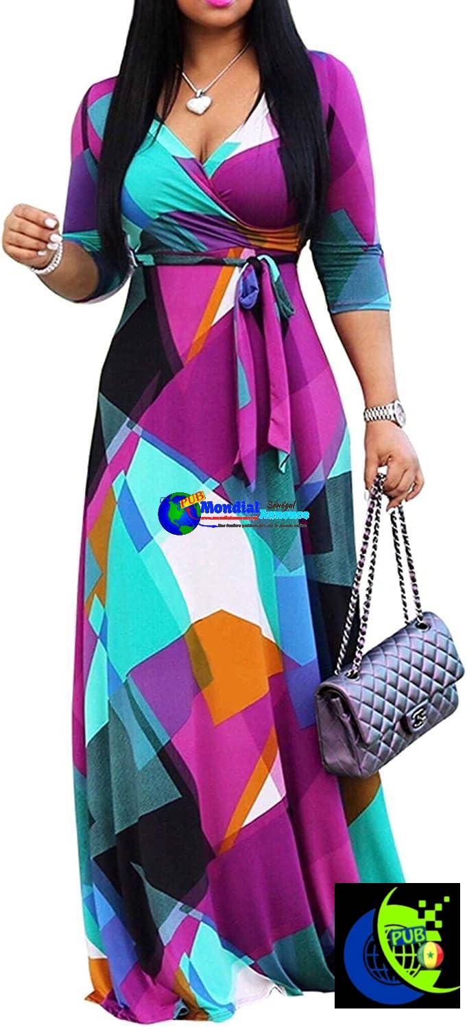 Robe longue grande taille FANDEE pour femme, tenue d’été décontractée, col en V, manches 3/4