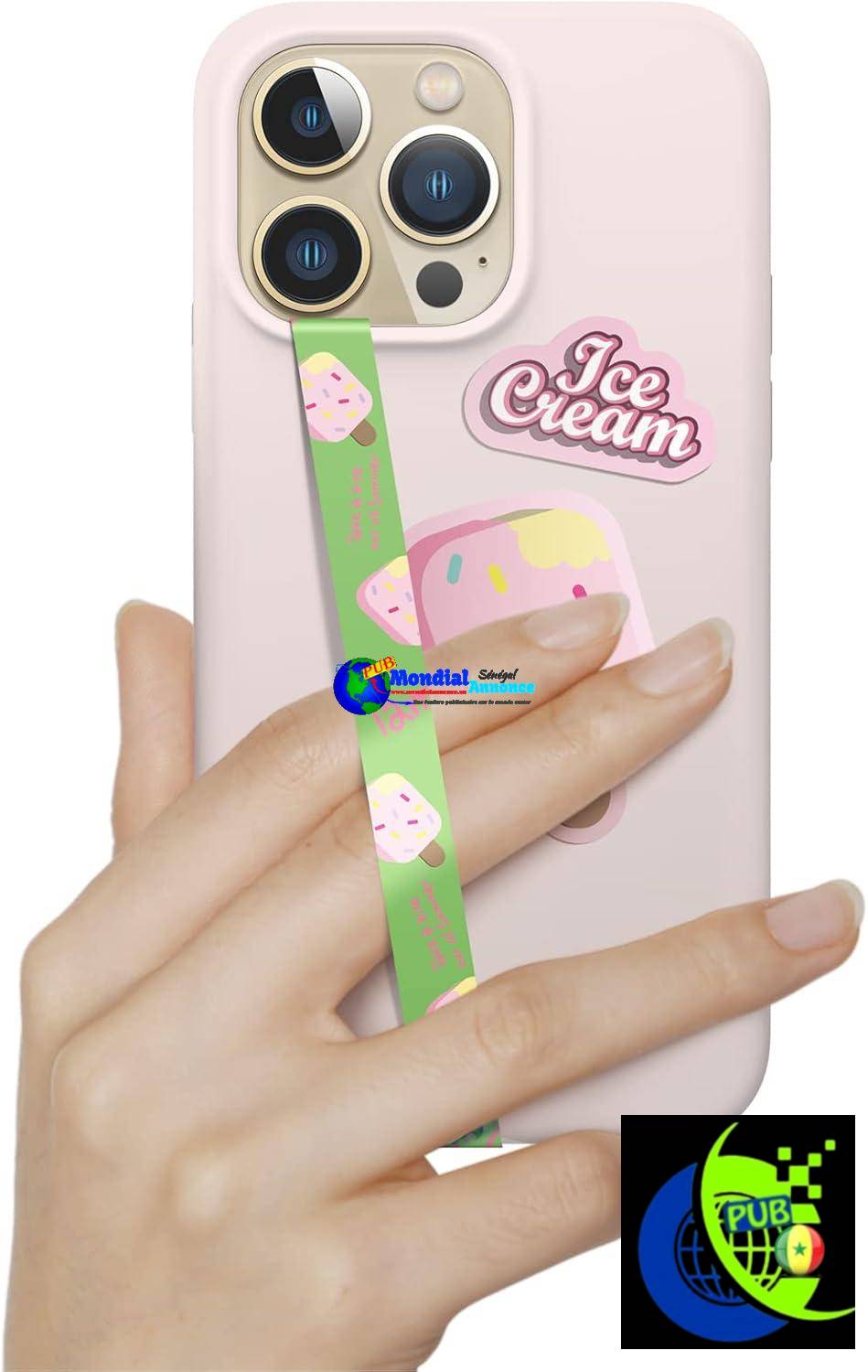 Elago Sangle de Téléphone Compatible avec Tous Les Coques de Smartphone, Phone Loop à Double Face pour Portable, Autocollants Inclus, Support de Poignée pour Doigt (Sangle Vert/Glace à la Fraise)