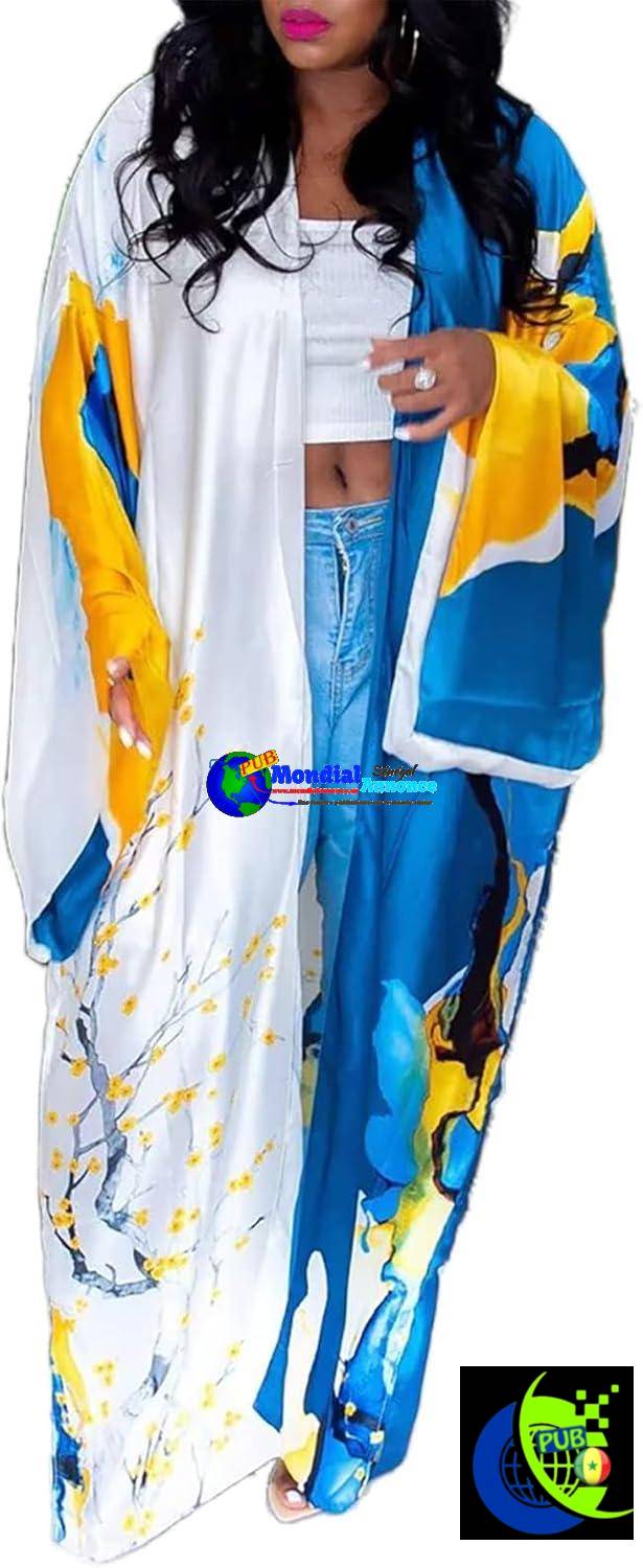 Vakkest Cardigan Kimono Imprimé Floral Femme Boho Taille Unique Longue Robe Ouverte Sur Le Devant Robe Fluide Ample Satin Vêtements D’extérieur