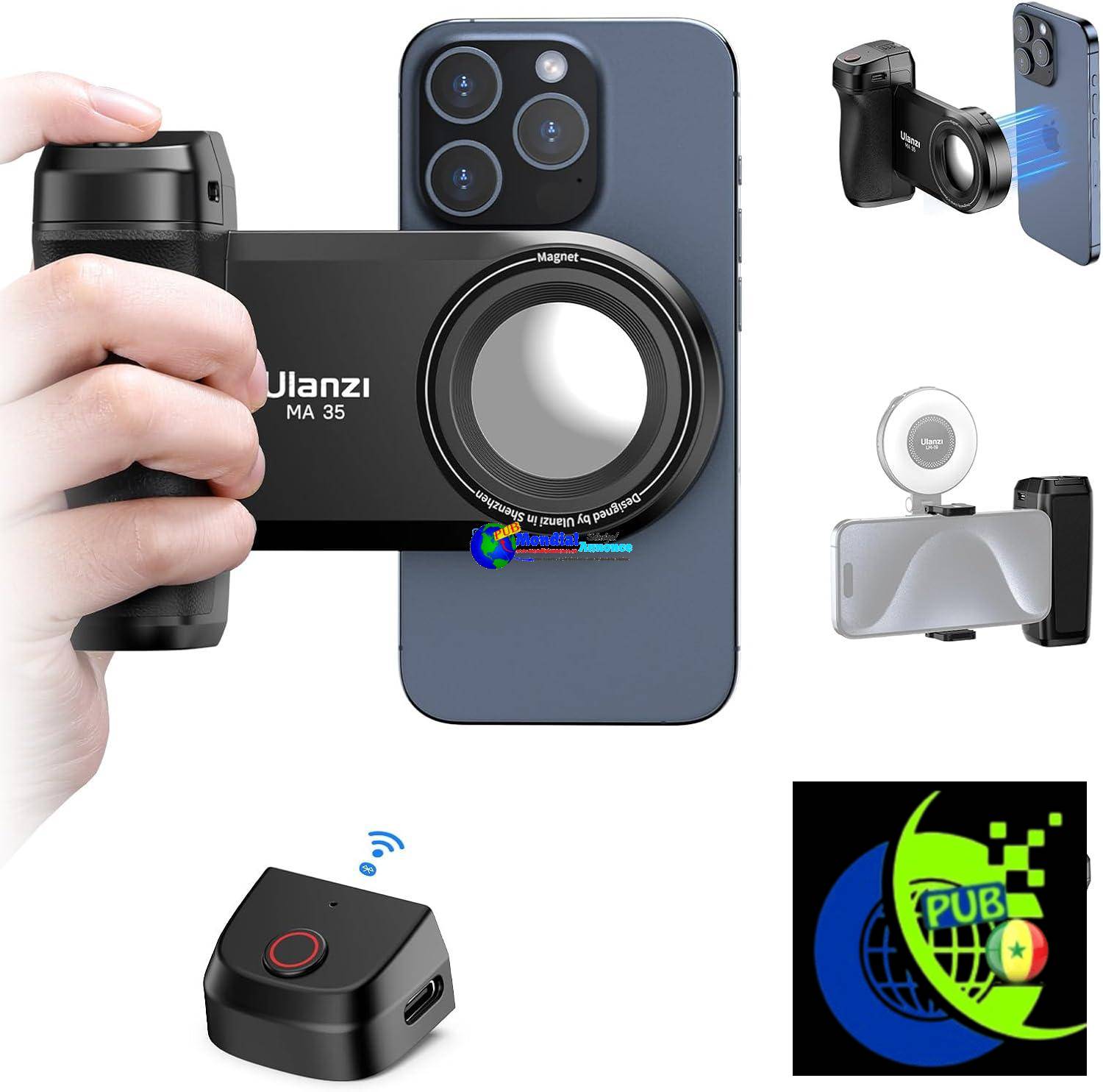 ULANZI MA35 Poignée pour smartphone, Poignée Magnétique pour Smartphone avec Télécommande Sans Fil Détachable 15m, Poignée pour Smartphone avec Vis 1/4″ Et Cold Shoe Mount, pour Selfie, Vlog, iPhone 16 15