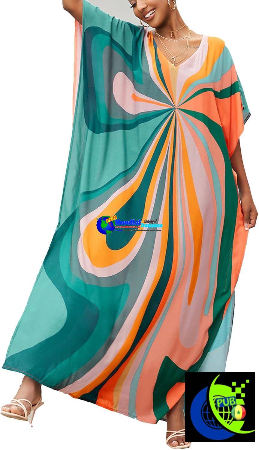 Robe caftan pour femme grande taille, légère, à manches chauve-souris, imprimée, tenue de plage