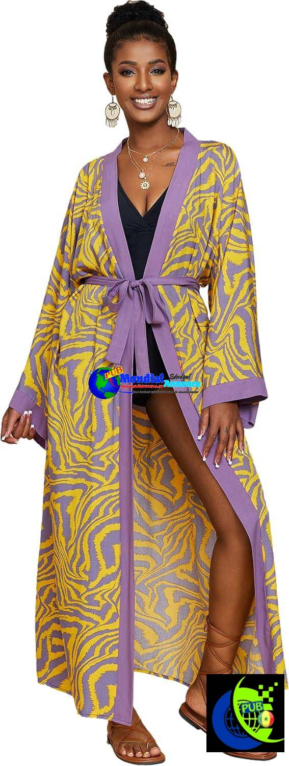 RanRui Kimono de plage zèbre jaune lâche ouvert devant maillots de bain kimono en coton cache-maillots avec ceinture kimono des années 1920 8733-1