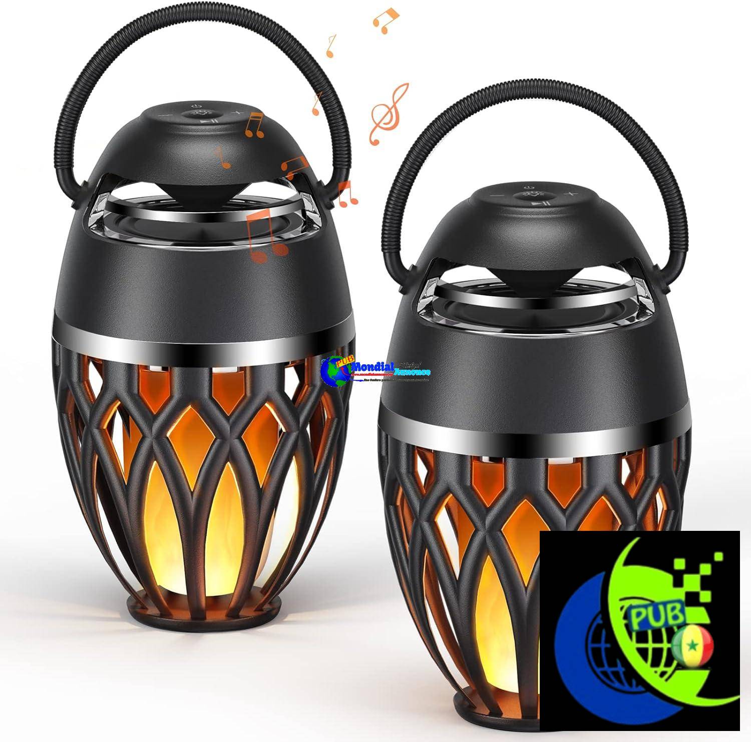 Lot de 2 haut-parleurs Bluetooth extérieurs sans fil avec lumière LED flamme, haut-parleur portable Bluetooth 5.0, lampe de poche