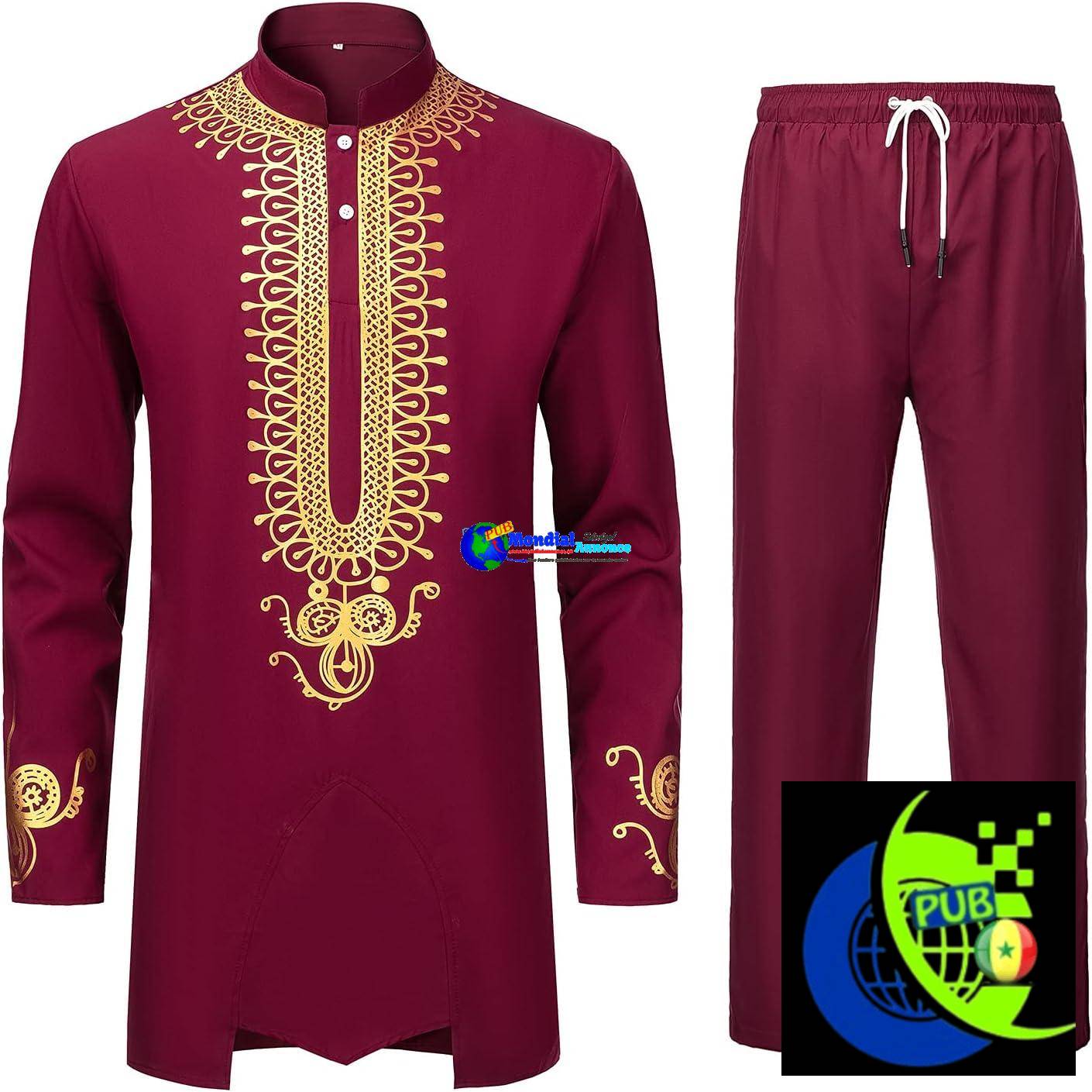 Ensemble Dashiki 2 pièces YND pour hommes, tenue africaine et pantalon, chemise avec imprimé doré
