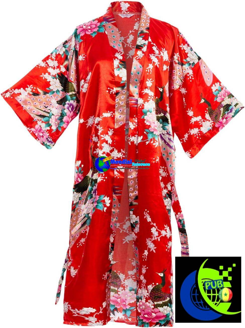 Peignoir kimono en satin de soie motif paon à fleurs d’Asie