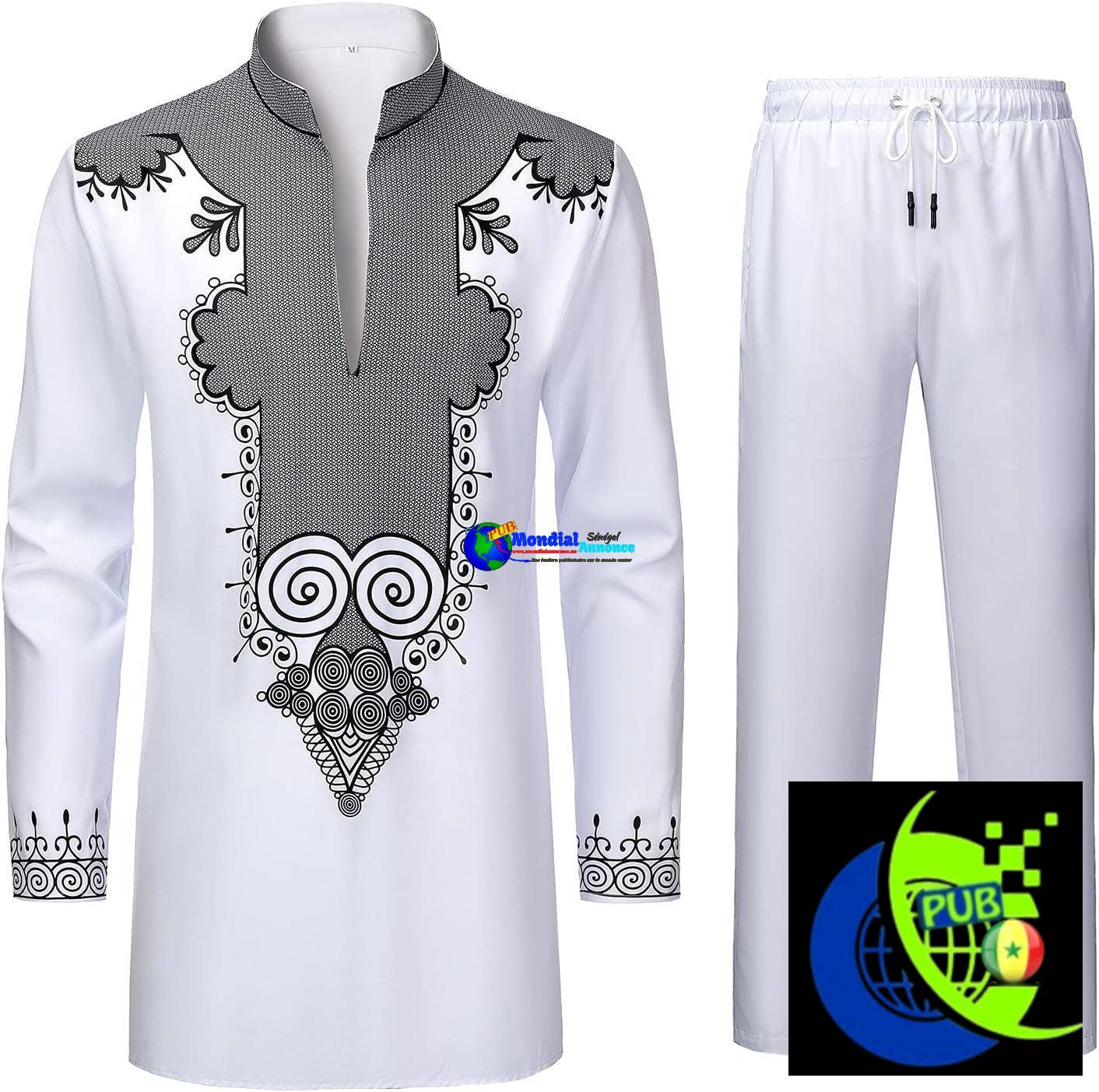 Ensemble 2 pièces YND pour homme, Chemise et pantalon Dashiki africain, tenue avec imprimé doré