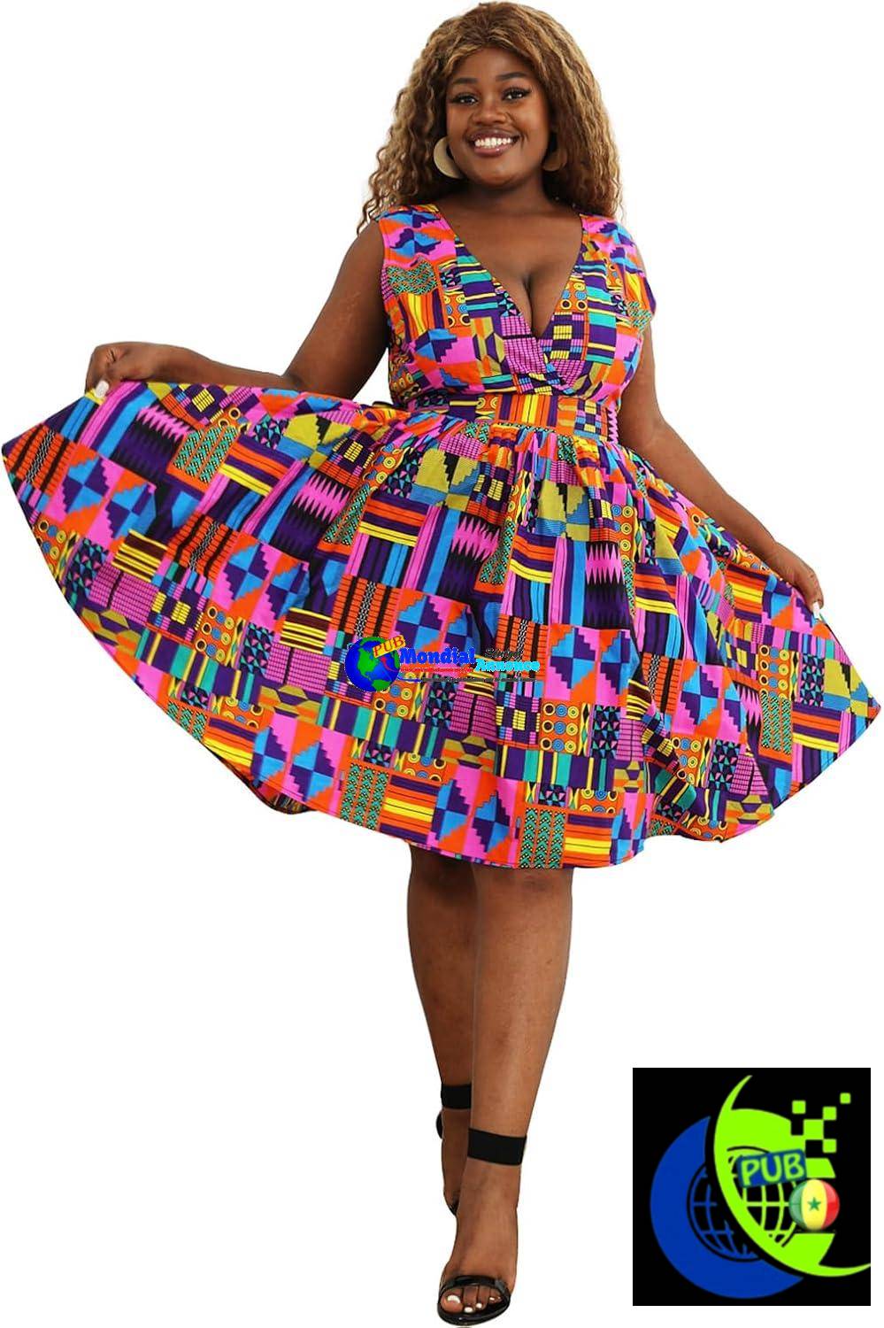 Robe Imprimé africain pour femme Ankara Vintage Sexy Robes avec ceinture