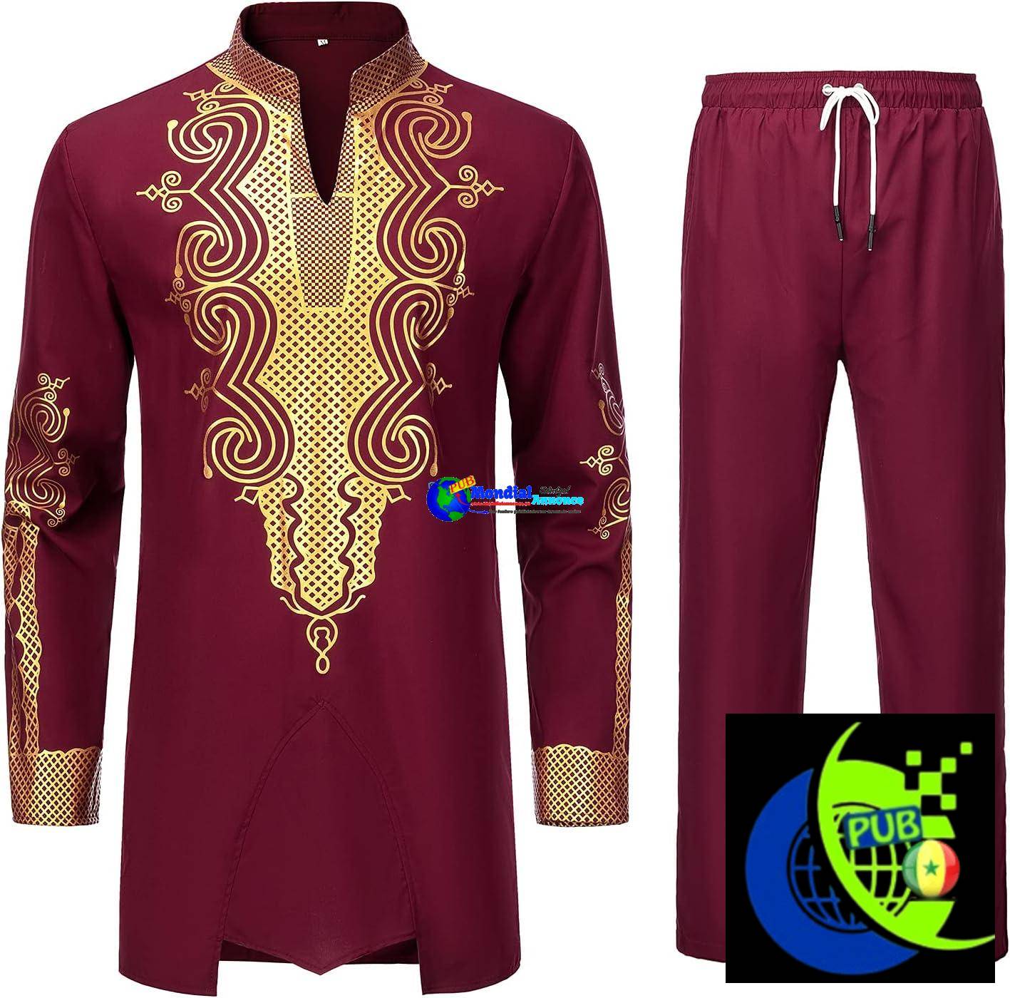 Ensemble Dashiki YND 2 pièces pour hommes, tenue africaine et pantalon, chemise avec imprimé doré