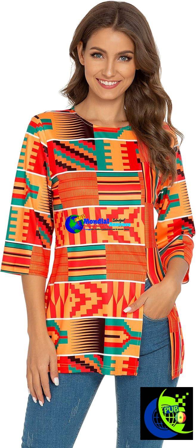 Chemise imprimée pour femmes Afibi Dashiki africain à manches 3/4 Boho