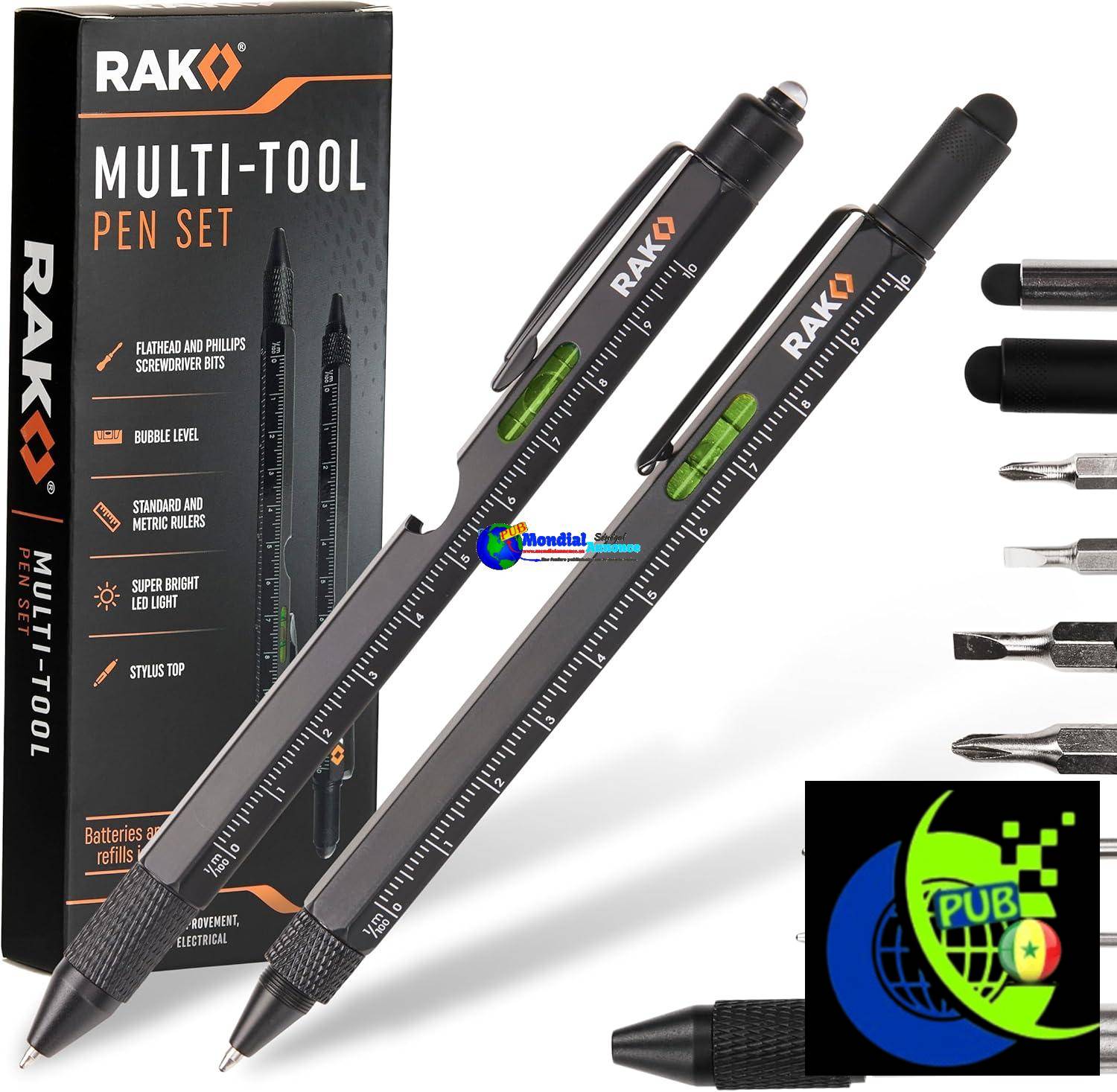 Ensemble de stylos RAK multi-outils 2 pièce – lumière LED, stylet pour écran tactile, règle, niveau, décapsuleur, tournevis cruciforme, tête plate et stylo à bille