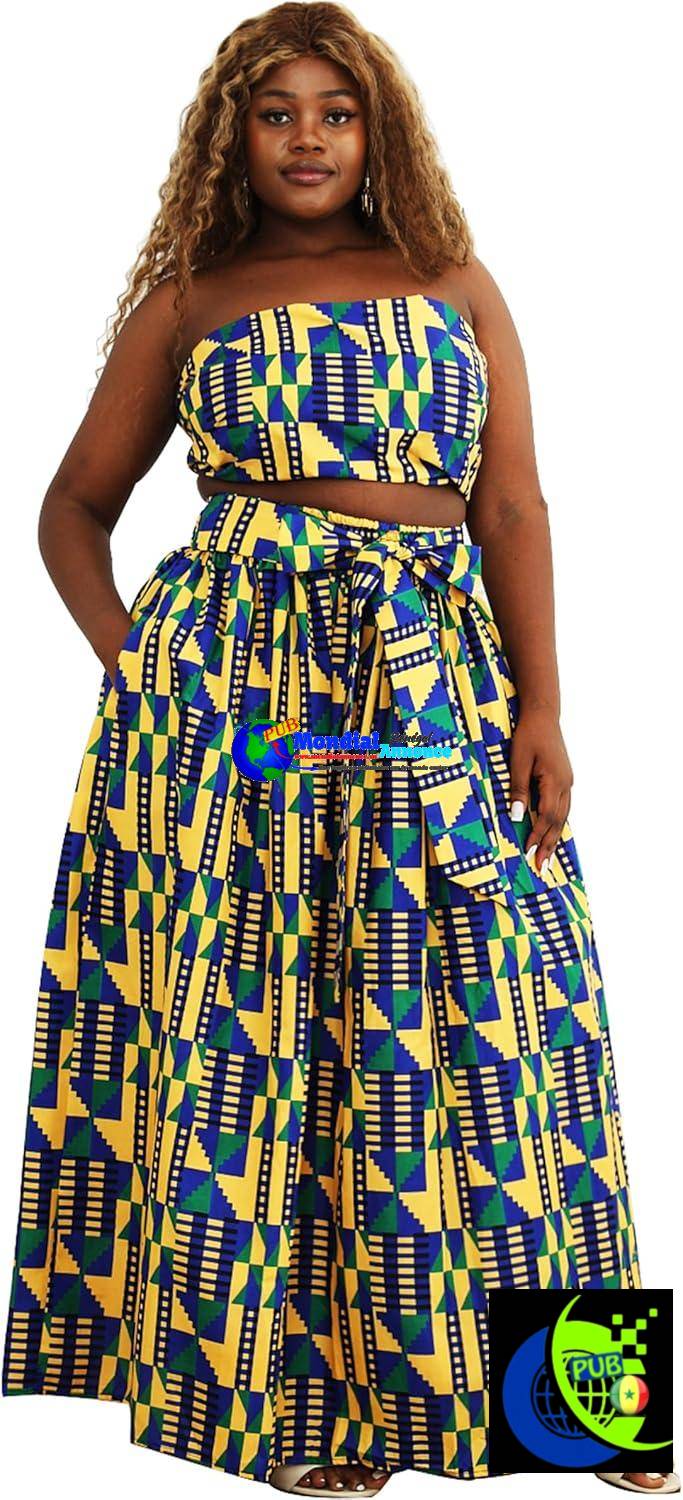 SHENBOLEN Women African Print Skirt Kente Traditional Wax Print Adjustable Strap Maxi Skirt