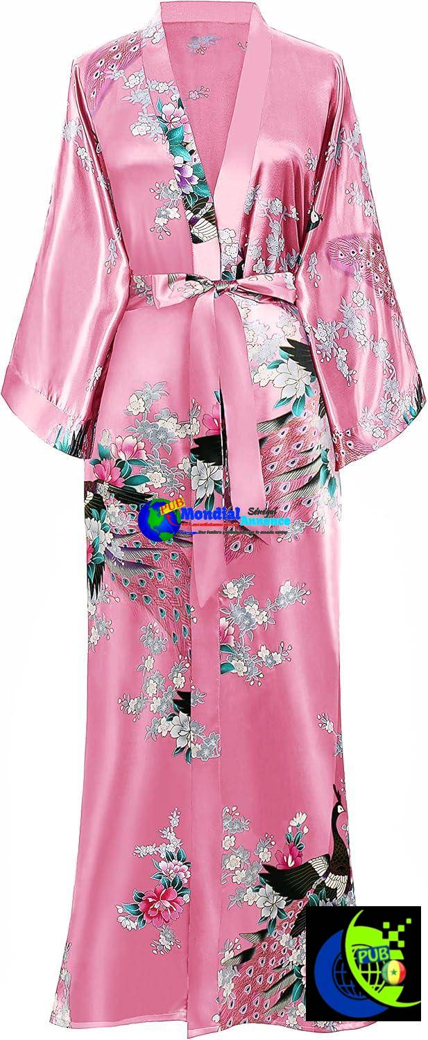Robe kimono longue en satin avec imprimé paon et fleur