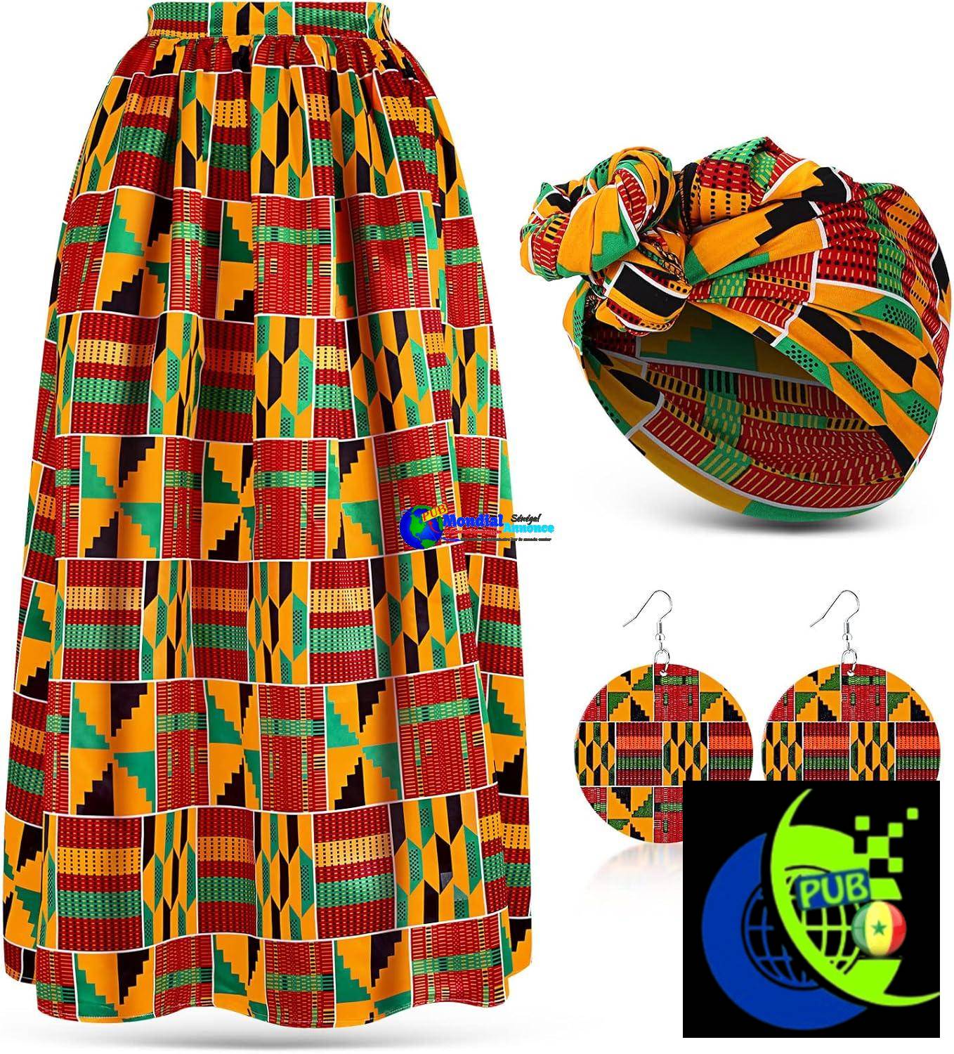 Haysandy Ensemble de 3 jupes maxi à imprimé africain pour femmes avec poches, foulard extensible décontracté, boucles d’oreilles pendantes