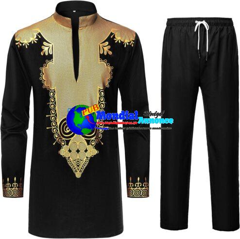 Ensemble Dashiki 2 pièces YND pour hommes, tenue africaine et pantalon, chemise avec imprimé doré