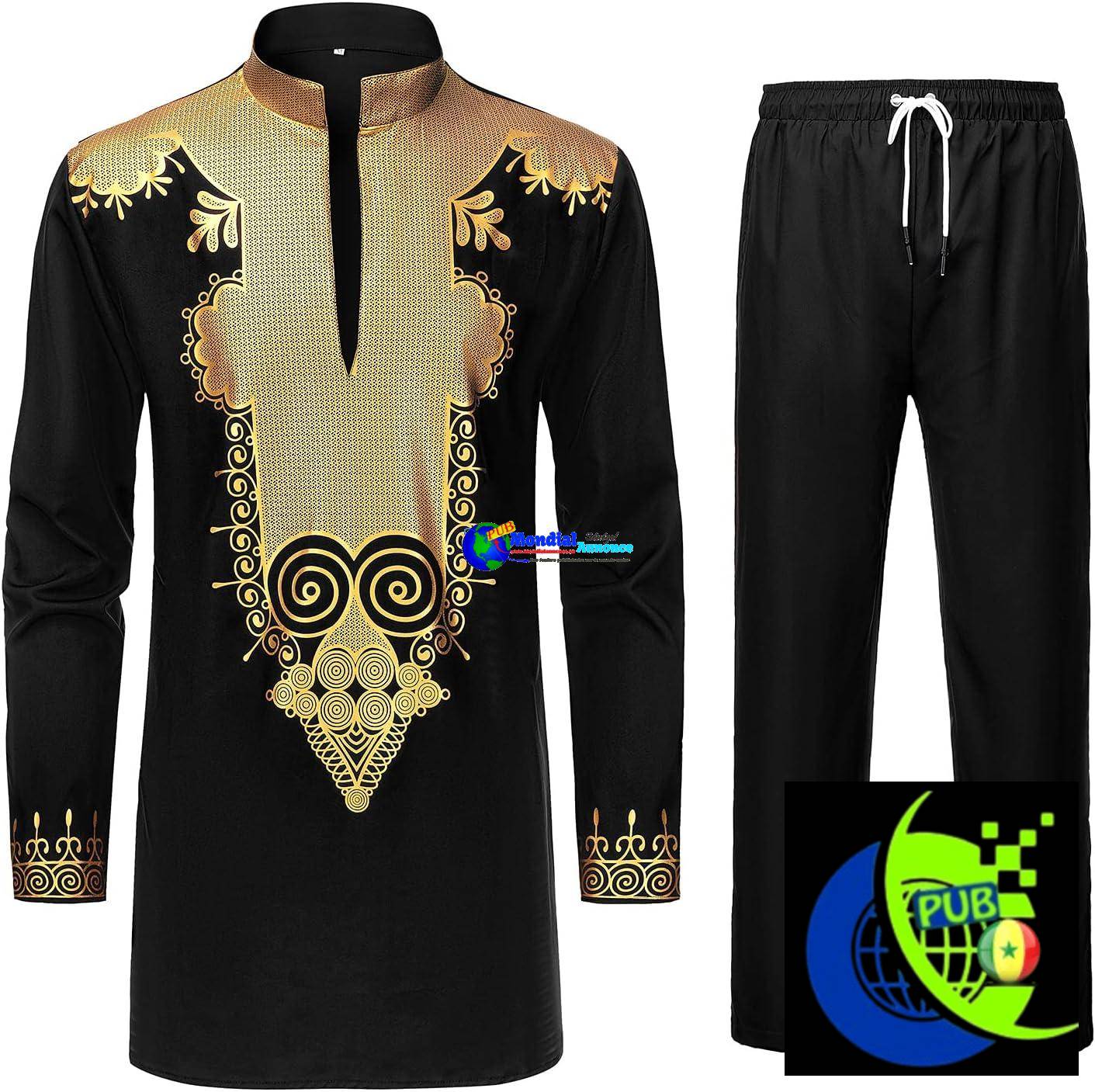 Ensemble Dashiki 2 pièces YND pour hommes, tenue africaine et pantalon, chemise avec imprimé doré