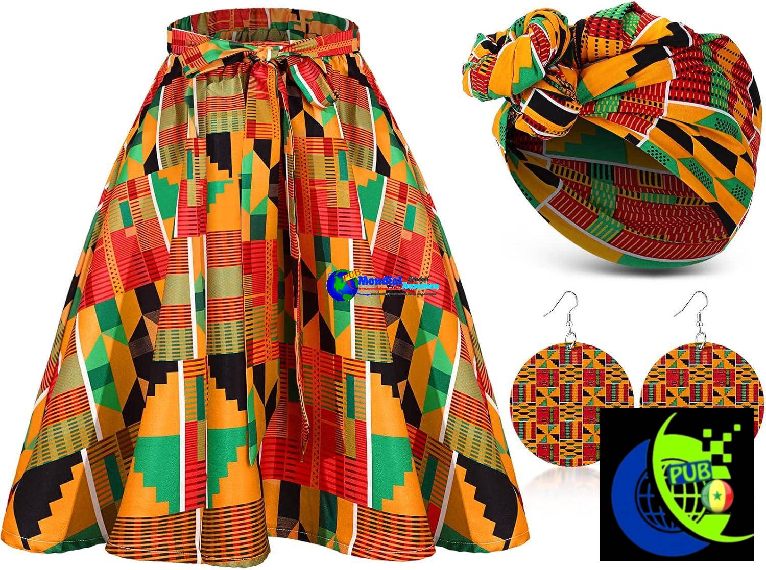 Coume 3 pièces Dashiki jupe, Costume traditionnel africain bohème, foulard, boucle d’oreille pour femmes
