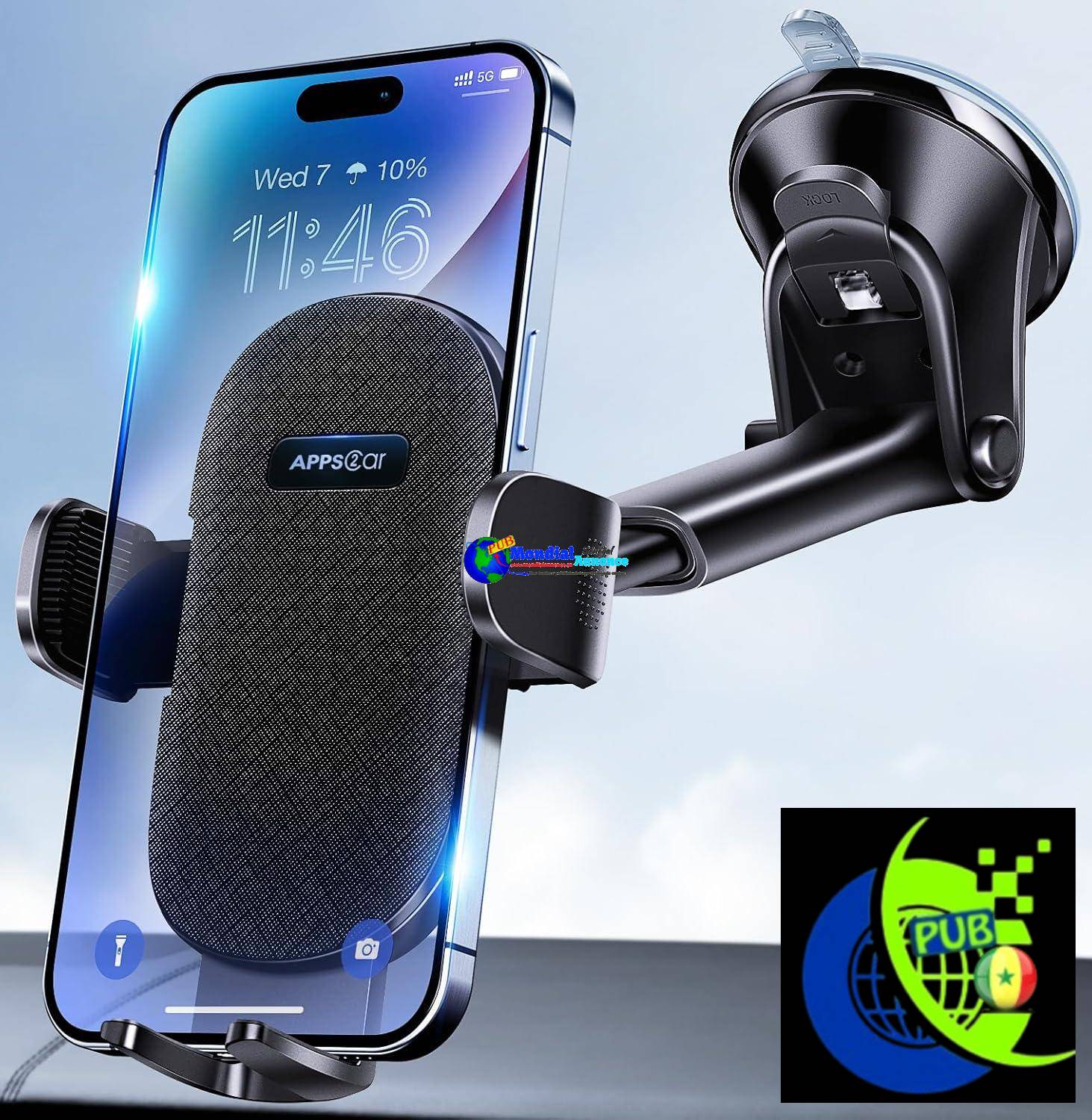 Support Téléphone Voiture APPS2Car Ventouse Tableau de Bord Pare-Brise, Rotation 360° Support Voiture, Télescopique Phones 4,7-6,8 Pouces