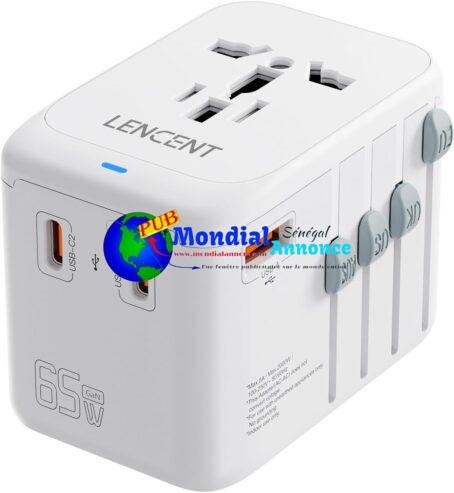 LENCENT Adaptateur Prise Universelle 65W, 3 Type-C+1 USB Chargeur Rapide Voyage, Chargeur Universel de téléphone avec Prise Internationale pour Phone, PC, UK US EU AUS Blanc