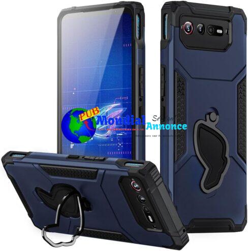 Fanbiya Support Coque pour ASUS ROG Phone 6, ROG Phone 6 Pro Étui de TPU Jeux Coque Armure Style Militaire Couverture avec Anneau Support Air Trigger Bleu
