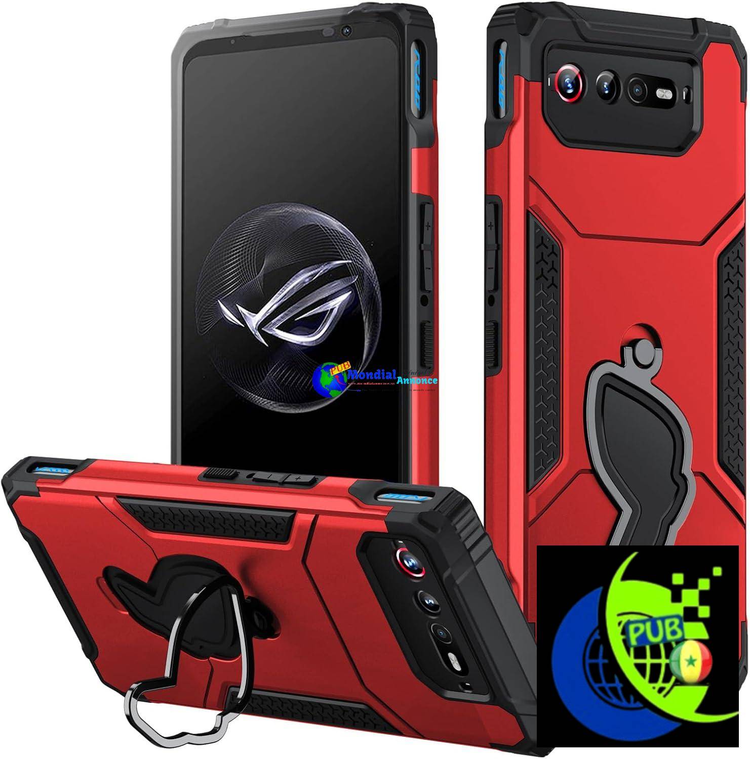 Fanbiya Support Coque pour ROG Phone 7 7 Ultimate de TPU Jeux Case Armure Style Militaire Couverture avec Anneau Air Trigger Rouge