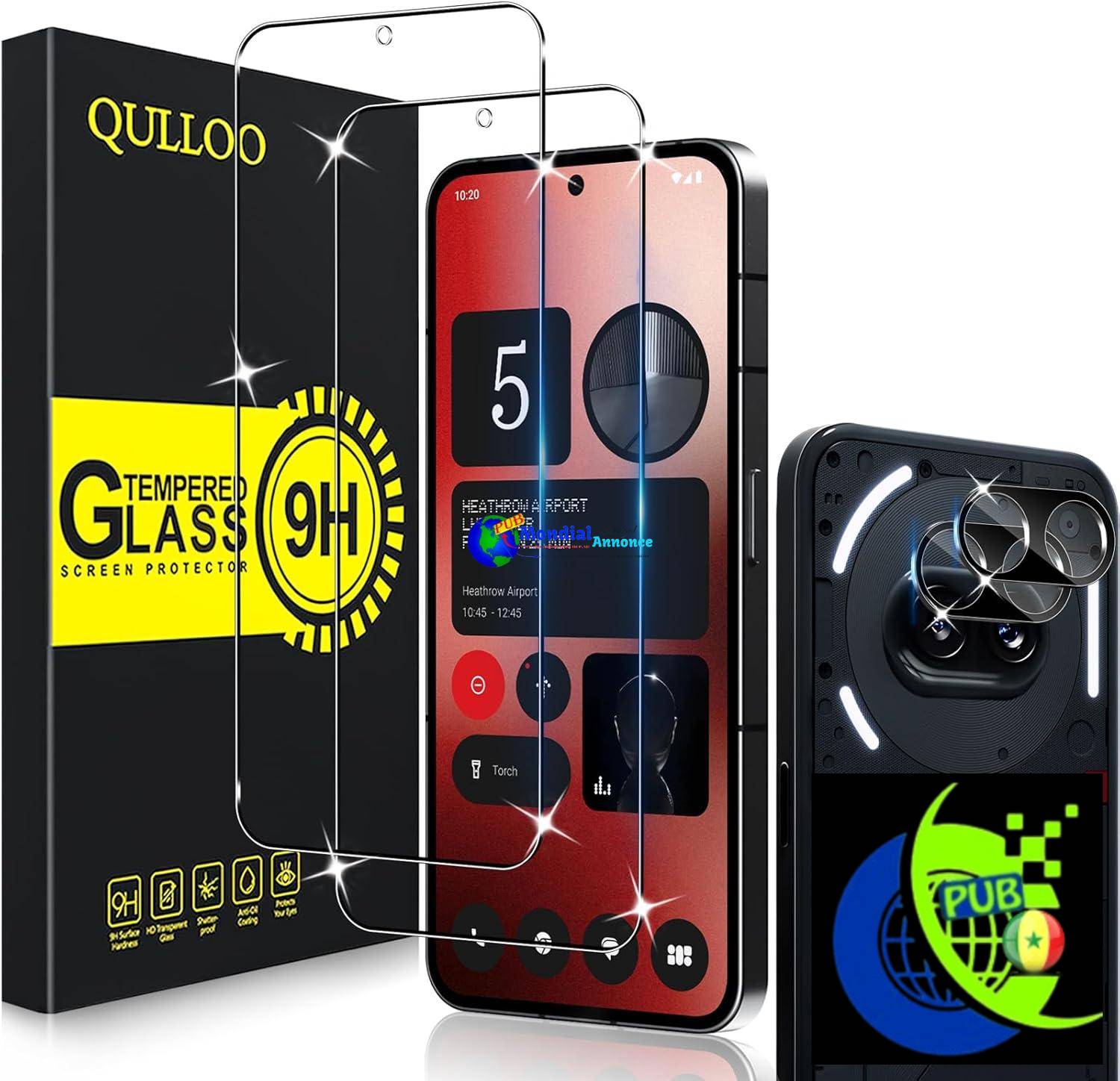 Protection Écran HD Transparent QULLOO Verre Trempé pour Nothing Phone 2A/ (2a) Plus [2 Pièces] + Caméra Protecteur [2 Pièces], Protecteur D’écran Ultra Résistant Dureté 9H Film