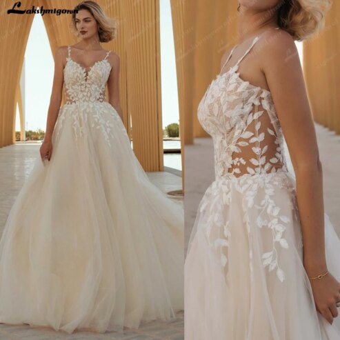 Lakshmigown – robe De mariée Champagne, bretelles Spaghetti, ligne a, avec des Appliques en dentelle, avec traîne De balayage, personnalisée, 2025