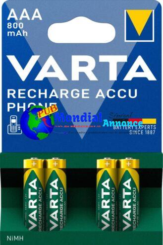 VARTA Piles AAA, rechargeables, lot de 4, Recharge Accu Phone, 800 mAh Ni-MH, prêtes à l’emploi, adaptées aux téléphones sans fil