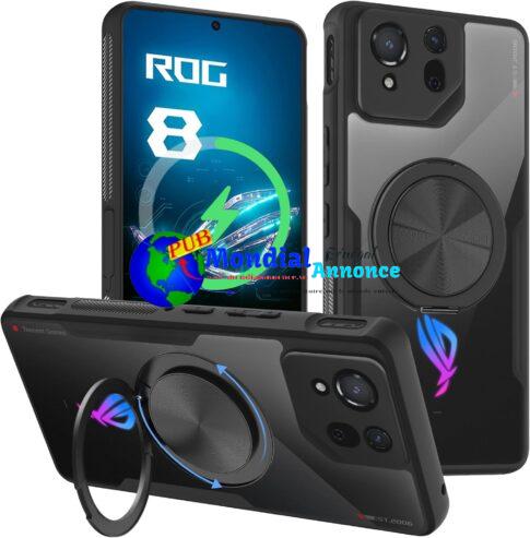 HikerClub Magnétique Coque pour ROG Phone 8/8 Pro (2024), 360 Rotation Le Support Cristal Clair Anti Empreintes Digitales Téléphone Antichoc Case, Noir