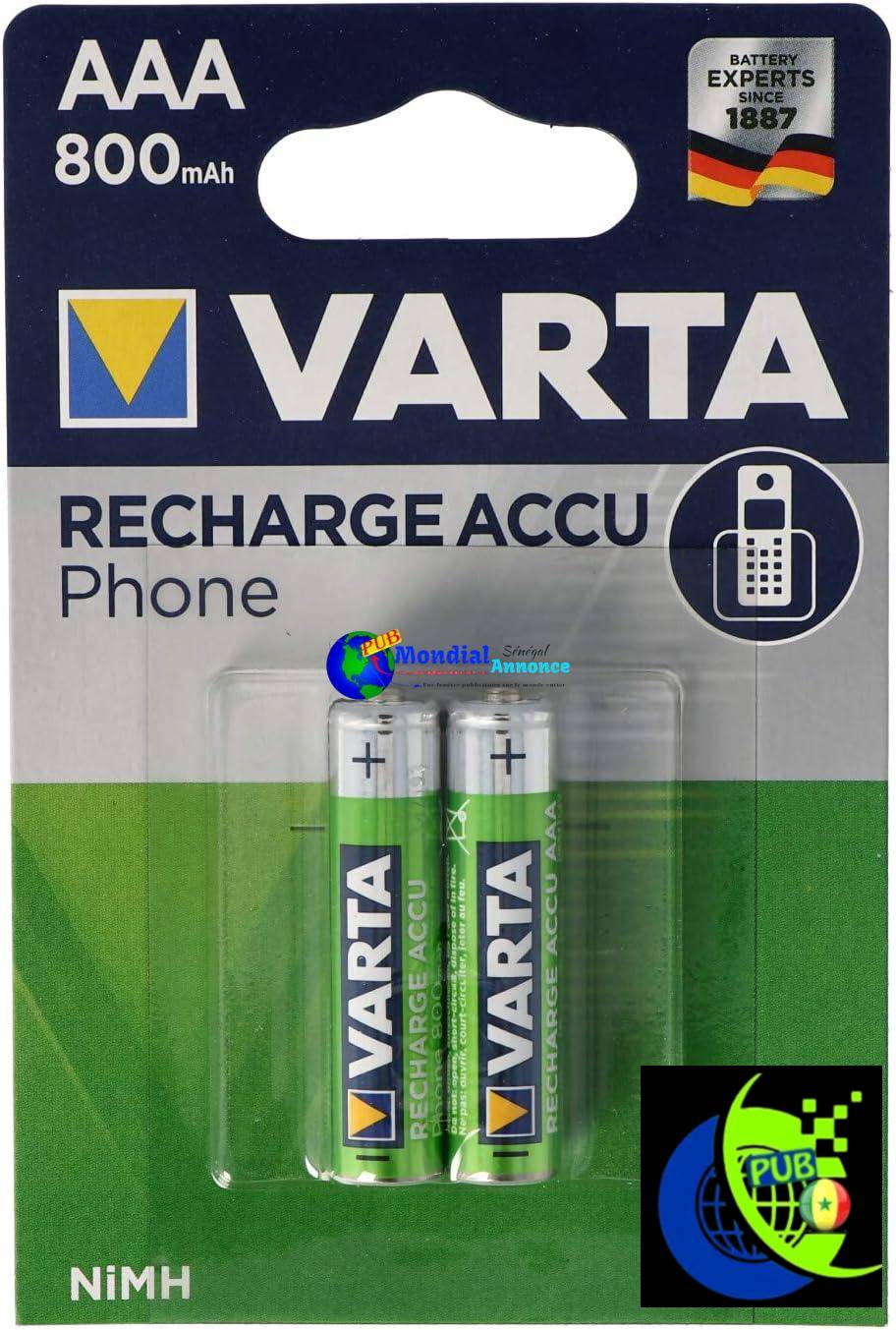 VARTA Piles rechargeables AAA, lot de 2, Recharge Accu Phone, 800 mAh Ni-MH, prêtes à l’emploi, adaptées aux téléphones sans fil