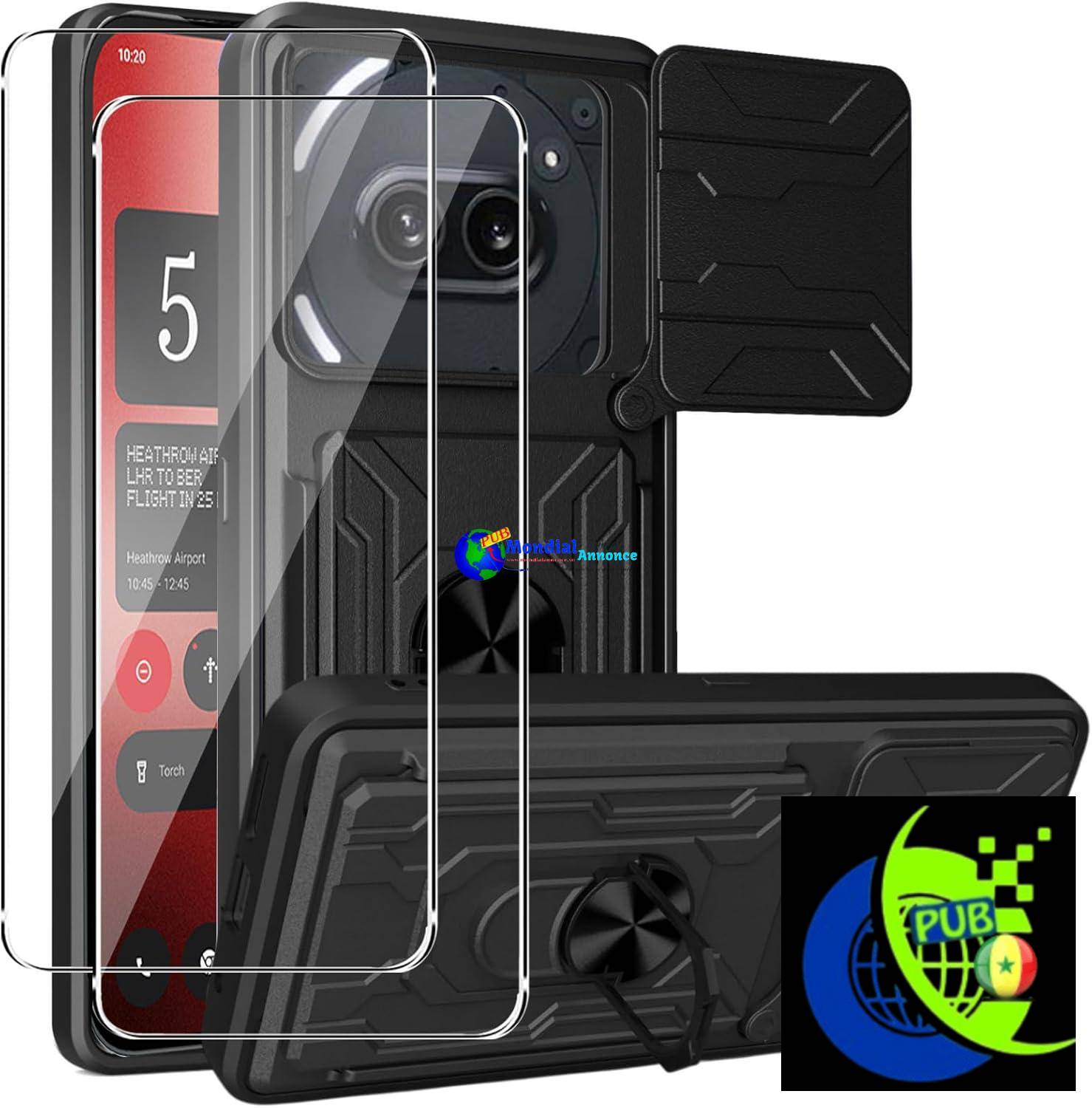 MEMELOKA Coque pour Nothing Phone 2A/2A Plus + 2 Pièces Verre Trempé, Rigide PC et TPU Bumper Antichoc Étui de Protection[Lentille Coulissante Couverture][Fente pour Carte][Support Rotatif], Noir