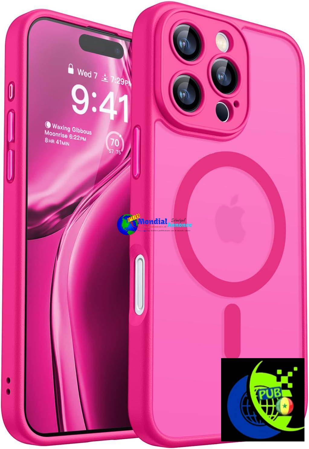 CANSHN Coque Magnétique pour iPhone 16 Pro Max (6,9 Pouces), Compatible avec MagSafe, [Protection Complète de l’appareil Photo] Housse Fond Mat Translucide,Rose Vif