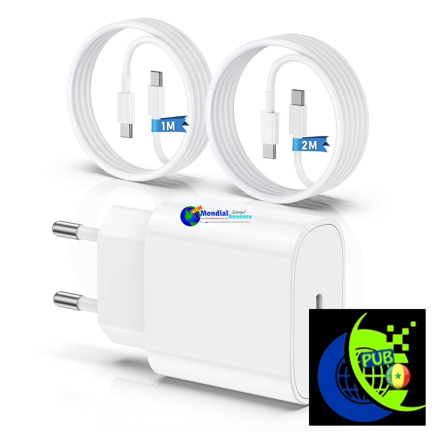 QZIIW Chargeur pour  iPhone 15 16, 20W Apple Original Chargeur Rapide avec 60W 1M+2M câble de Charge Rapide pour iPhone 16/16 Pro/16 Max/16 Plus/iPhone 15/15 Pro/15 Max/15 Plus/iPad Pro/Air/Mini.