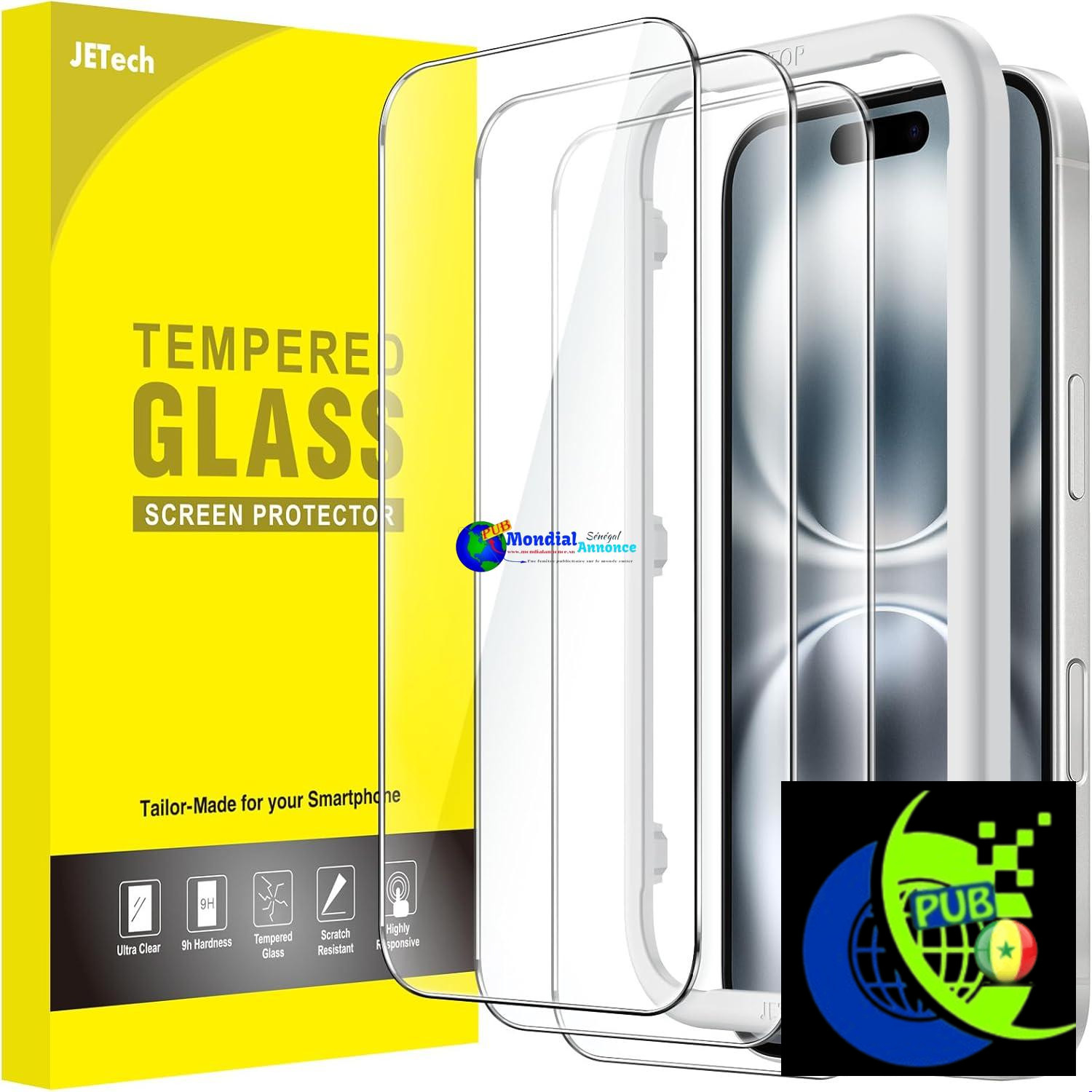 JETech Protection D’écran pour iPhone 16 6,1 Pouces, Film en Verre Trempé avec Outil d’Installation Facile, Compatible Coque, Transparent HD, Lot de 3