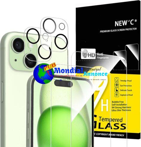 NEW’C Lot de 4, 2 x Verre Trempé pour iPhone 15 (6.1″) et 2 x Protection Caméra Arrière – Anti Rayures – sans Bulles d’air -Ultra Résistant – Dureté 9H Glass