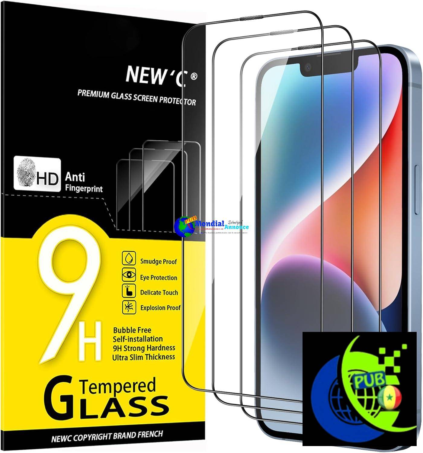 NEW’C Lot de 3 Couverture Complète Verre Trempé pour iPhone 14, iPhone 13, iPhone 13 Pro (6,1 Pouces) Film en Protection écran – Bords Incurvés 2,5D – Ultra Résistant – Efficace contre les Rayures