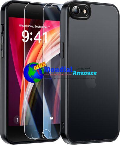 FLLAO Coque Compatible avec iPhone SE 2022/2020, iPhone 8/7 et 2 Verres Trempés, Protection Antichoc Qualité Militaire, Anti-Jaunissement étui de Housse Arrière Translucide Givrée，Noir