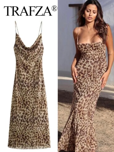 TRAFZA 2024 Nouvelle Robe Été Femme Imprimé Léopard Sans Manches Vintage Mince Longue Robes Sexy Dos Nu Femme Spaghetti Sangle Robe