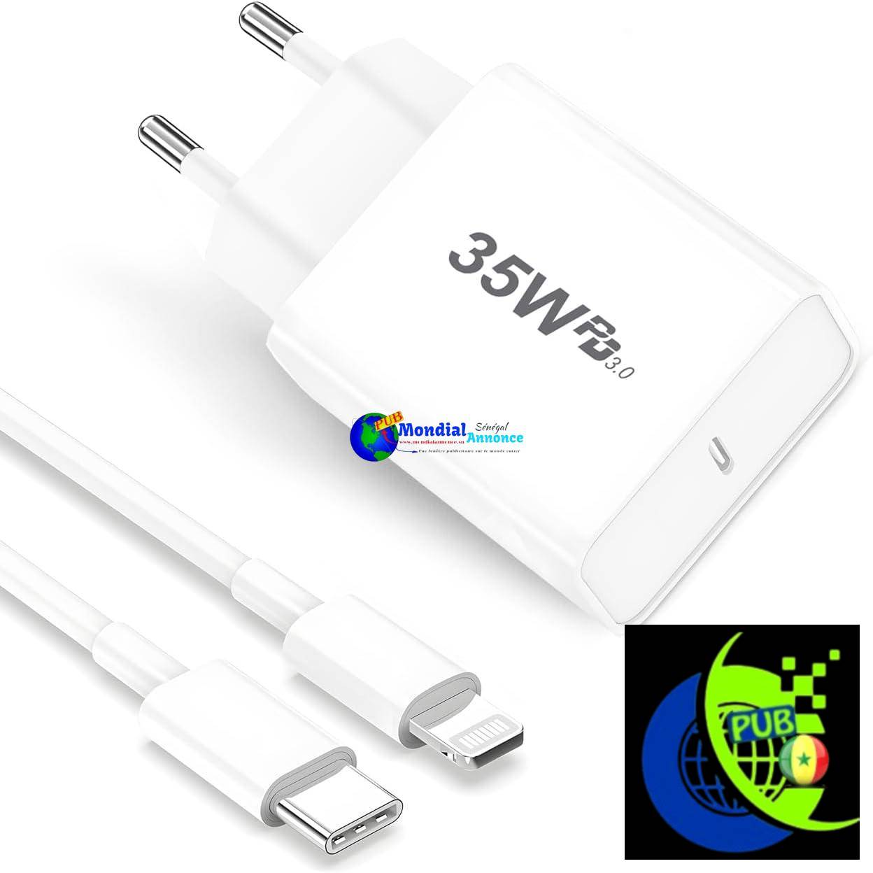 Chargeur USB-C, Chargeurs Rapide Phone 35W with 2M Cable Prise Mural Secteur Adaptateur Alimentation PD 3.0 pour iPhone 14 13 12 11 XS Pro Max SE