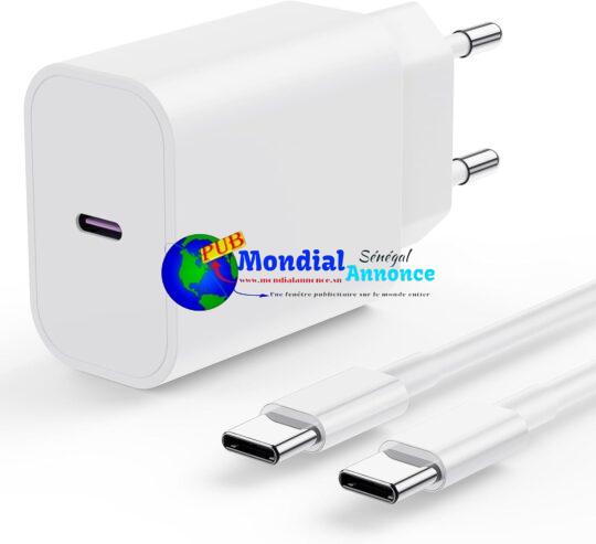 Chargeur Rapide iPhone 16 15 Pro, Chargeur iPhone USB C 20W avec 2M USB C Câble pour Apple iPhone 16 Pro Max/15/15 Plus/iPad Pro/Air/Mini/Samsung, Type C 2m Cable Adaptateur Secteur Mural Alimentation