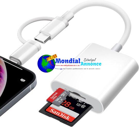 Lecteur de Carte SD pour iPhone, [Apple MFi Certified] Lightning USB C Adaptateur Carte SD pour Micro SD/SD, Lecteurs Carte Mémoire Externes pour iPhone, iPad, Galaxy