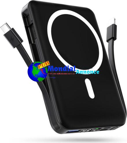 Podoru Batterie Externe Mag-Safe 10000mAh,avec 2 Câble Charge Rapide PD 22.5W Batterie Externe iPhone,Portable Écran LED sans Fil Power Bank pour 16/15/14/13/12/Pro/Max/Plus/Mini Série – Noir